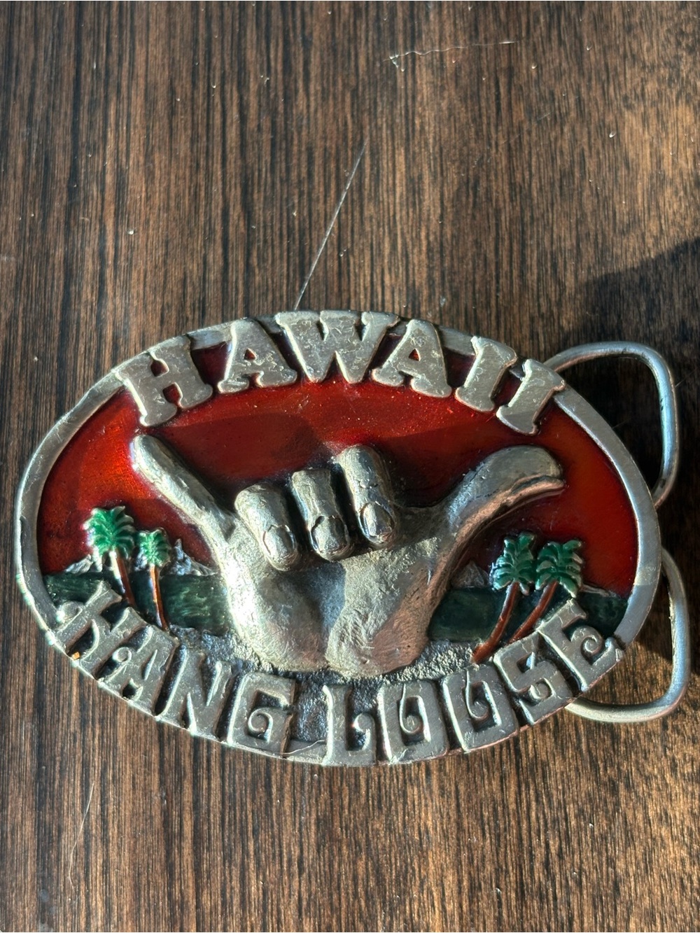 Hang Loose Hawaii Belt Buckle 1984 Arroyo Grande Buckle Co. VTG Red Silver Color